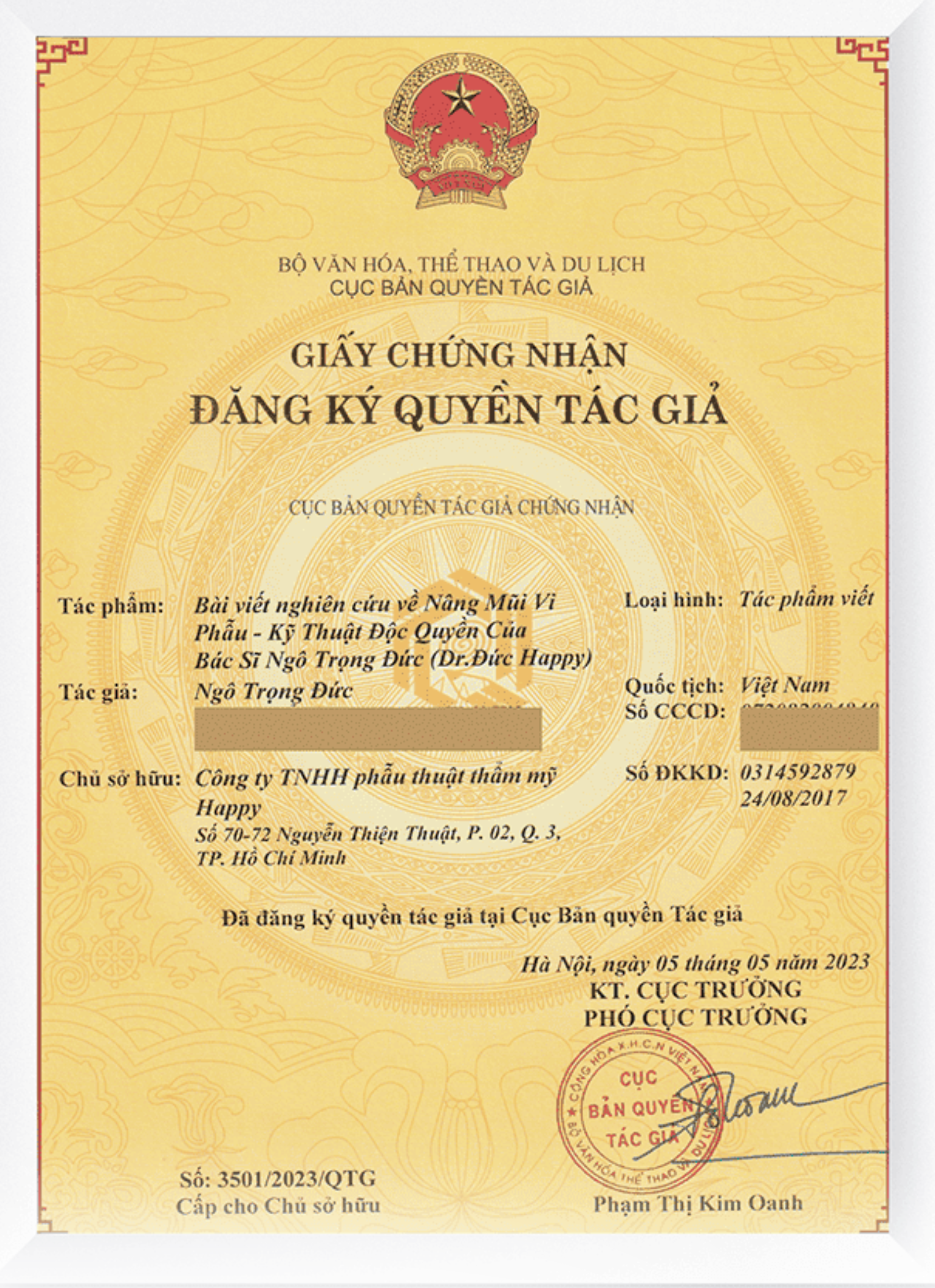 Giấy chứng nhận liên quan kỹ thuật nâng mũi vi phẫu Dr Đức Happy